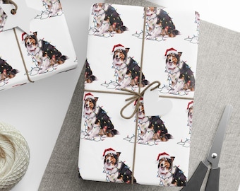 Collie Weihnachtsgeschenkpapier, Geschenkpapier für Hunde mit Weihnachtsmütze und Weihnachtslichtern