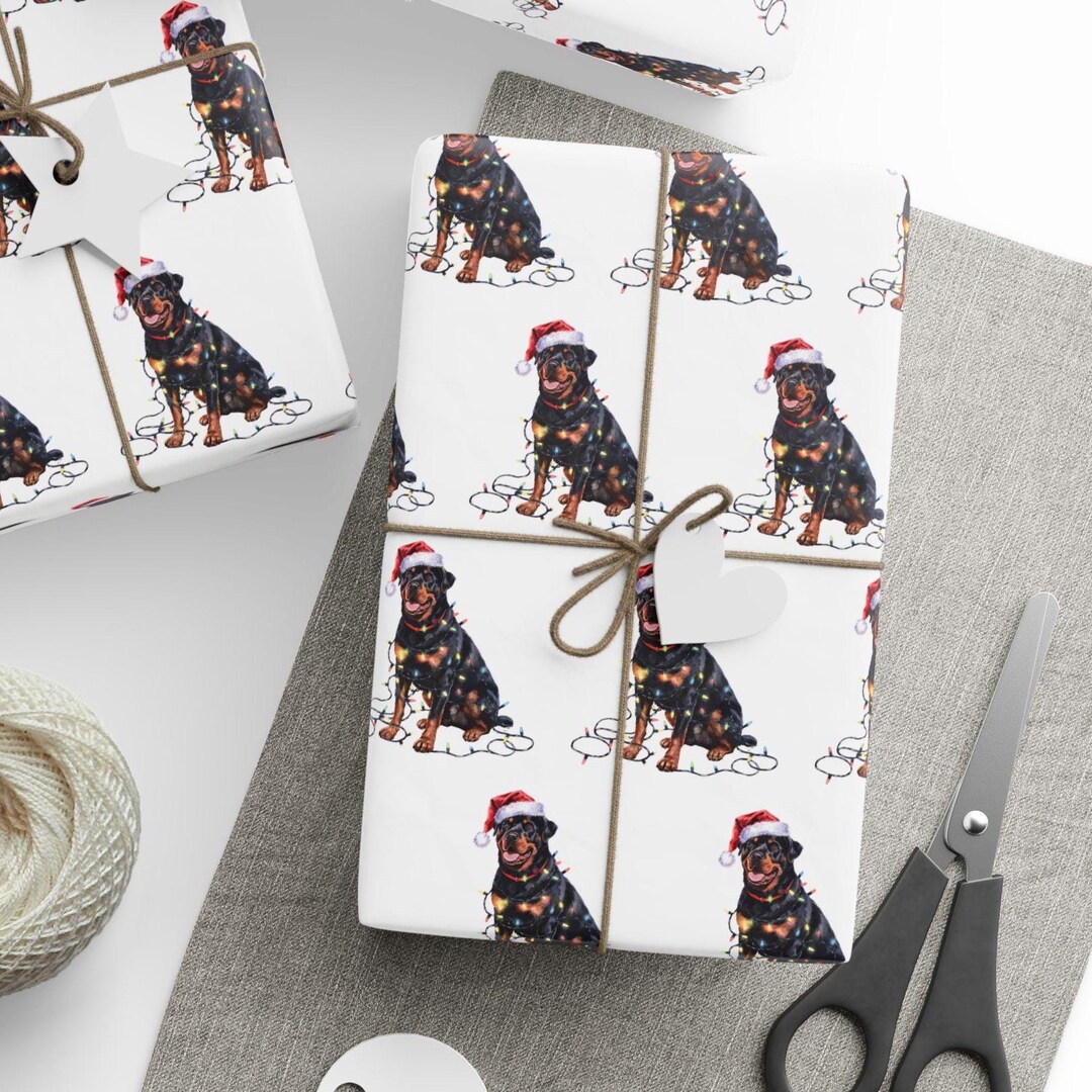 Rottweiler Christmas Wrapping Paper, Dog Gift Wrap With Santa Hat and ...