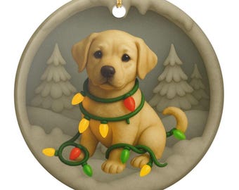 Personalized Yellow Lab Christmas Ornament, Custom Labrador Retriever with Holiday Lights Keepsake