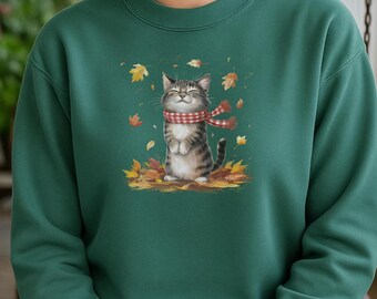 Cozy Fall Cat Sweatshirt, Cute Autumn Kitty with Scarf, Whimsical Cat Lover Gift, Fall Leaves Pullover
