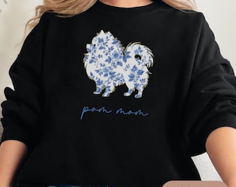 Pom Mom Chinoiserie Sweatshirt, Blue Floral Toile Pomeranian Crewneck, Cozy Dog Mom Sweater, Pomeranian Lover Gift, Cute Dog Mom Apparel