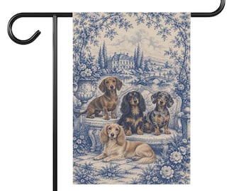 Dachshund Garden Flag, Blue Toile Doxie Yard Decor, Dachshund Mom Gift, Garden Banner