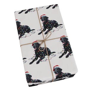 Black Lab Christmas Wrapping Paper, Dog Gift Wrap with Santa Hat and Holiday Lights