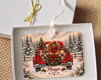 Personalized Ruby Cavalier Ornament, Christmas Red Truck, Custom Name and Year