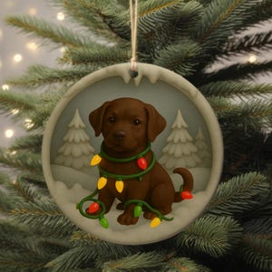 Chocolate Lab Christmas Ornament, Personalized Labrador Retriever Puppy with Holiday Lights, Custom Dog Lover Tree Decoration