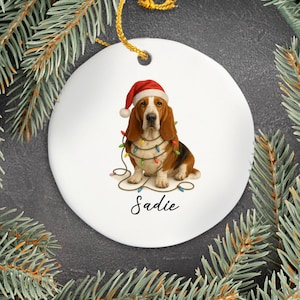 Basset Hound Christmas Ornament, Personalized Ceramic Pet Decor, Santa Hat Dog Keepsake, Unique Holiday Gift for Dog Lovers