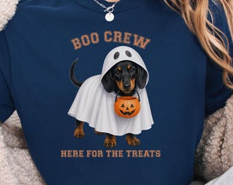 Black & Tan Dachshund Boo Crew Halloween Shirt, Here for the Treats Dog Mom Tee
