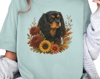 Black and Tan Cavalier Autumn Floral Shirt, Cozy Dog Lover Botanical Graphic Tee