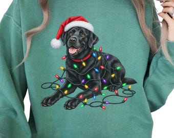 Pode incluir: Uma camisola verde de gola redonda com o gráfico de um labrador preto a usar um gorro de Pai Natal vermelho e branco. O cão está emaranhado num fio de luzes de Natal coloridas, incluindo lâmpadas vermelhas, amarelas, azuis e verdes.