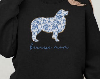 Gift for Bernese Mom, Blue Chinoiserie Bernese Mountain Dog Sweatshirt