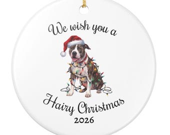 May include: A round white ceramic ornament featuring a brown and white dog wearing a red Santa hat and tangled in colorful Christmas lights. The text reads We wish you a Hairy Christmas 2026 in black script. A gold string is attached at the top.