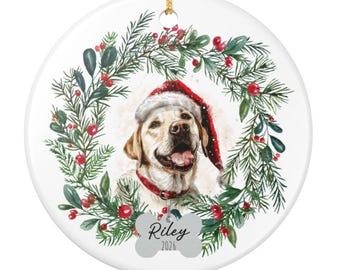 Personalized Yellow Lab Christmas Ornament, Custom Labrador Retriever Dog Name Holiday Keepsake