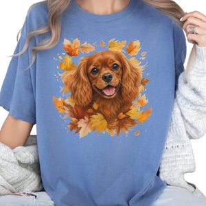 May include: A blue t-shirt featuring a graphic print of a brown Cavalier King Charles Spaniel surrounded by a collection of vibrant orange, yellow, and brown autumn leaves. The dog has long, wavy ears and a happy expression with its mouth open.