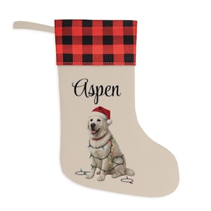 Personalized English Cream Golden Retriever Christmas Stocking, Rustic Buffalo Plaid Cuff