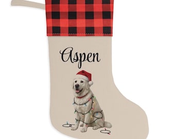 Personalized English Cream Golden Retriever Christmas Stocking, Rustic Buffalo Plaid Cuff