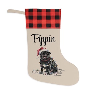 Personalized Black Pug Christmas Stocking, Holiday Decor Gift for Pet Lovers