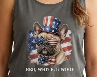 Camiseta sin mangas patriótica con estampado de bulldog francés, camiseta de verano con estampado de la bandera estadounidense y colores cómodos.