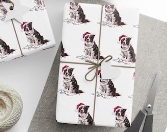 Weihnachtspapier Geschenkpapier Border Collie mit Weihnachtsmannmütze und Weihnachtslichtern