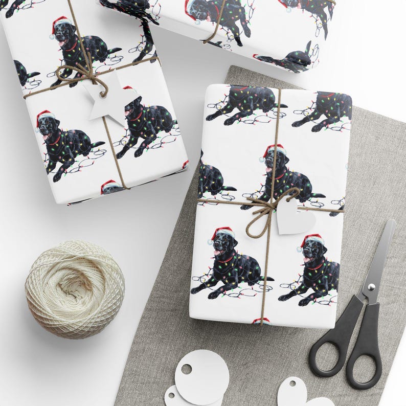 Black Lab Christmas Wrapping Paper, Dog Gift Wrap With Santa Hat and ...