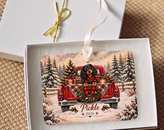 Personalized Black and Tan Dachshund Ornament, Christmas Red Truck, Custom Name and Year