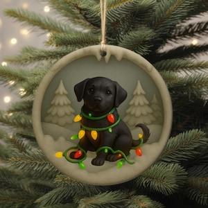 Black Lab Christmas Ornament, Personalized Labrador Retriever Puppy with Holiday Lights, Custom Dog Lover Gift, Tree Decoration