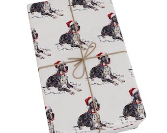 Weihnachtsgeschenkpapier Deutsche Dogge, Geschenkpapier mit Weihnachtsmütze und Lichterkette