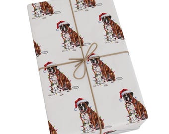 Boxer Christmas Wrapping Paper, Dog Gift Wrap with Santa Hat and Holiday Lights