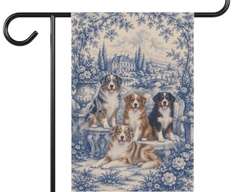 Australian Shepherd Garden Flag, Blue Toile Aussie Yard Decor, Dog Mom Gift