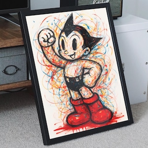 以下が含まれることがあります： 黒い髪と赤いブーツの漫画のキャラクターが描かれた額入りのアートワーク。 キャラクターは、カラフルな筆致を背景に、拳を突き上げている姿で描かれています。 アートワークは黒いフレームで額装されています。