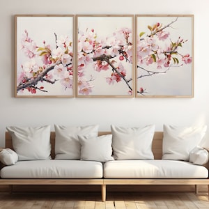 プリントセット、桜アート、ウォールアート、3枚セット、桜、花のアート、日本の木版画、印刷可能なウォールアート、リビングルームの装飾