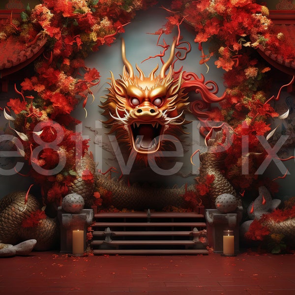 Lunar New Year Of The Dragon Mystical Scene for Photography, Instant Download, Chinese Zodiac inspired Background, Digital Studio backdrop