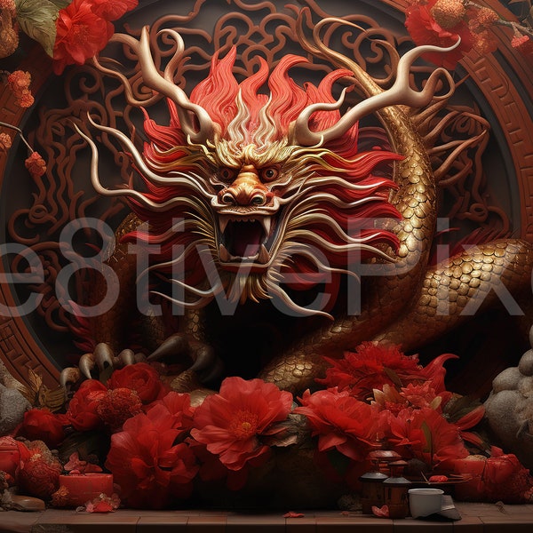 Lunar New Year Of The Dragon Mystical Scene for Photography, Instant Download, Chinese Zodiac inspired Background, Digital Studio backdrop