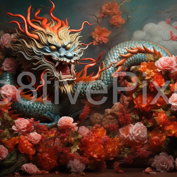 Lunar New Year Of The Dragon Mystical Scene for Photography, Instant Download, Chinese Zodiac inspired Background, Digital Studio backdrop