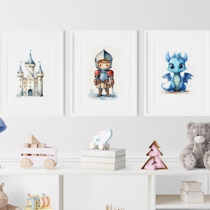 Blue Knight Nursery Wall Art Castle and Dragon Prints Baby Boy Room Decor Medieval Fantasy Art Set Kids Bedroom Printable Download