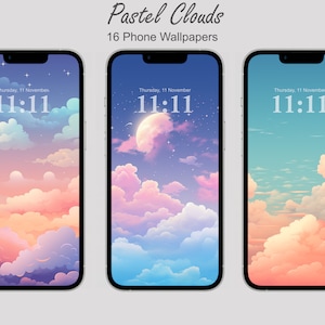 Pode incluir: Três papéis de parede para telefone que apresentam um céu pastel com nuvens e a hora 11:11 exibida na tela. O primeiro papel de parede tem um céu rosa e roxo, o segundo tem um céu roxo com uma lua, e o terceiro tem um céu azul e verde.
