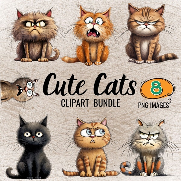 Cats Clipart Bundle | 8 PNG Cute Cats PNG Perfect for Card Making, Printing, Digital Paper Craft - Transparent - Commercial Use