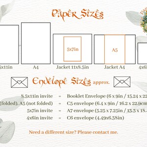 May include: A chart showing different paper sizes and their corresponding envelope sizes. The paper sizes are 8.5x11 inches, A4, 11x8.5 inches, A4, and 4x6 inches. The envelope sizes are Booklet Envelope (6 x 9 inches), C5 envelope (6.4 x 9 inches), A7 envelope (5.25 x 7.25 inches), and C6 envelope (4.49 x 6.38 inches).