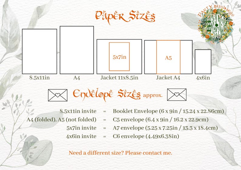 May include: A chart showing different paper sizes and their corresponding envelope sizes. The paper sizes are 8.5x11 inches, A4, 11x8.5 inches, A4, and 4x6 inches. The envelope sizes are Booklet Envelope (6 x 9 inches), C5 envelope (6.4 x 9 inches), A7 envelope (5.25 x 7.25 inches), and C6 envelope (4.49 x 6.38 inches).