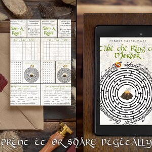 May include: A printable "Take the Ring to Mordor" maze game with a black and white maze design. The game is set in a fantasy world and features a ring and a mountain. The text "Middle Earth Maze" is at the top of the game. The text "Take the Ring to Mordor" is in a large, bold font. The text "Help the couple find..." is at the bottom of the game.