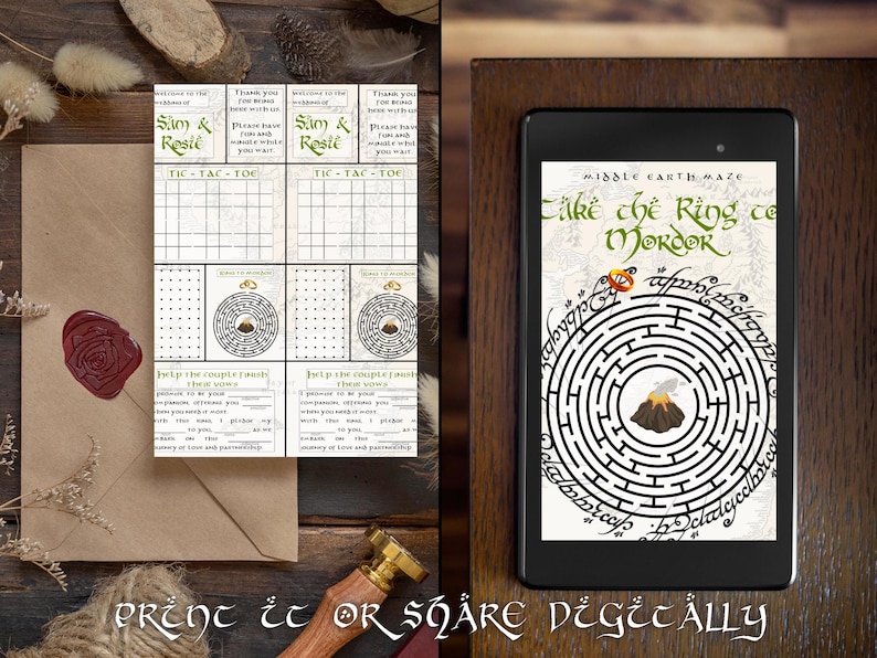 May include: A printable "Take the Ring to Mordor" maze game with a black and white maze design. The game is set in a fantasy world and features a ring and a mountain. The text "Middle Earth Maze" is at the top of the game. The text "Take the Ring to Mordor" is in a large, bold font. The text "Help the couple find..." is at the bottom of the game.