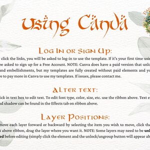 May include: A digital image with instructions on how to use Canva to edit a template. The text reads: "Using Canva", "Log in or Sign Up", "Alter Text", and "Layer Positions".