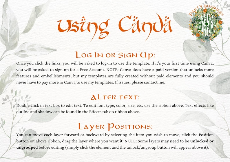 May include: A digital image with instructions on how to use Canva to edit a template. The text reads: "Using Canva", "Log in or Sign Up", "Alter Text", and "Layer Positions".