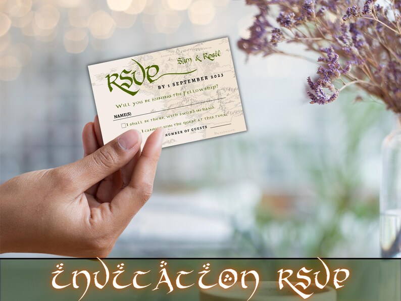 May include: A light brown RSVP card with green text that reads "RSVP" and "By 1 September 2023". The card has a map-like design and asks "Will you be joining the Fellowship?" with a space for a name and a checkbox to indicate attendance.
