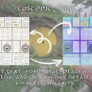 May include: Two printable game cards with a Hobbit theme. The cards feature a noughts and crosses game, a maze, and a space to write a message. The text on the cards reads "Welcome to the Shire" and "Welcome to the Shire". The cards are customizable and can be edited with text, font, size, placement, colour, and details.