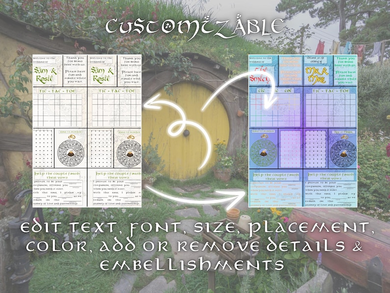 May include: Two printable game cards with a Hobbit theme. The cards feature a noughts and crosses game, a maze, and a space to write a message. The text on the cards reads "Welcome to the Shire" and "Welcome to the Shire". The cards are customizable and can be edited with text, font, size, placement, colour, and details.