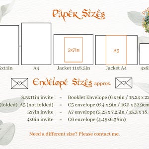 May include: A chart showing different paper sizes and their corresponding envelope sizes. The paper sizes are 8.5x11 inches, A4, 11x8.5 inches, A4, and 4x6 inches. The envelope sizes are Booklet Envelope (6 x 9 inches), C5 envelope (6.4 x 9 inches), A7 envelope (5.25 x 7.25 inches), and C6 envelope (4.49 x 6.38 inches).