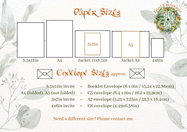 May include: A chart showing different paper sizes and their corresponding envelope sizes. The paper sizes are 8.5x11 inches, A4, 11x8.5 inches, A4, and 4x6 inches. The envelope sizes are Booklet Envelope (6 x 9 inches), C5 envelope (6.4 x 9 inches), A7 envelope (5.25 x 7.25 inches), and C6 envelope (4.49 x 6.38 inches).