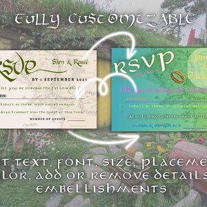 May include: Two customizable RSVP cards with a Lord of the Rings theme. The cards are beige and green with a map background and the text "RSVP" in a stylized font. The text "Will you be joining the Fellowship?" is also included. The cards are fully customizable with editable text, font, size, placement, color, and details.