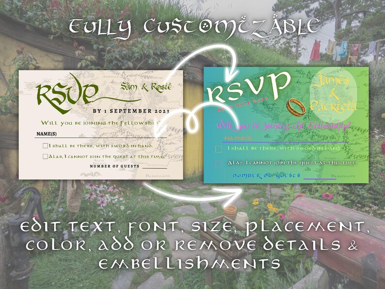 May include: Two customizable RSVP cards with a Lord of the Rings theme. The cards are beige and green with a map background and the text "RSVP" in a stylized font. The text "Will you be joining the Fellowship?" is also included. The cards are fully customizable with editable text, font, size, placement, color, and details.