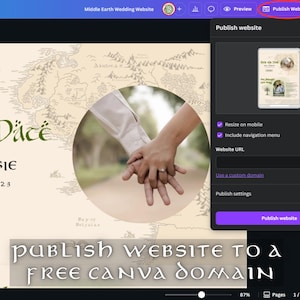 Może przedstawiać: Zrzut ekranu edytora stron internetowych Canva, pokazujący projekt strony internetowej ślubnej z mapą Śr&oacute;dziemia, trzymającymi się za ręce dłońmi pary i tekstem "The Dace & Rosie September 2023". Strona internetowa jest publikowana na bezpłatnej domenie Canva.